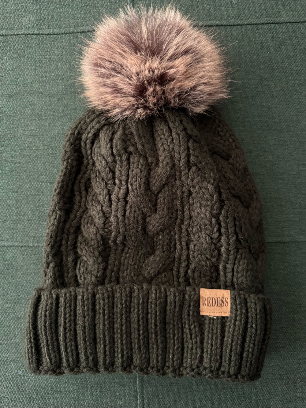 Olive Green Cable Knit Pom Beanie